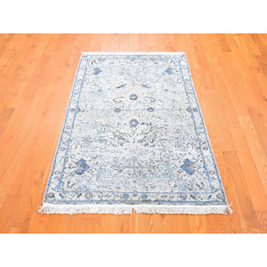 3'x5' Ivory Distressed Oushak Pure Silk with Textured Wool Hand Knotted Oriental Rug FWR357006