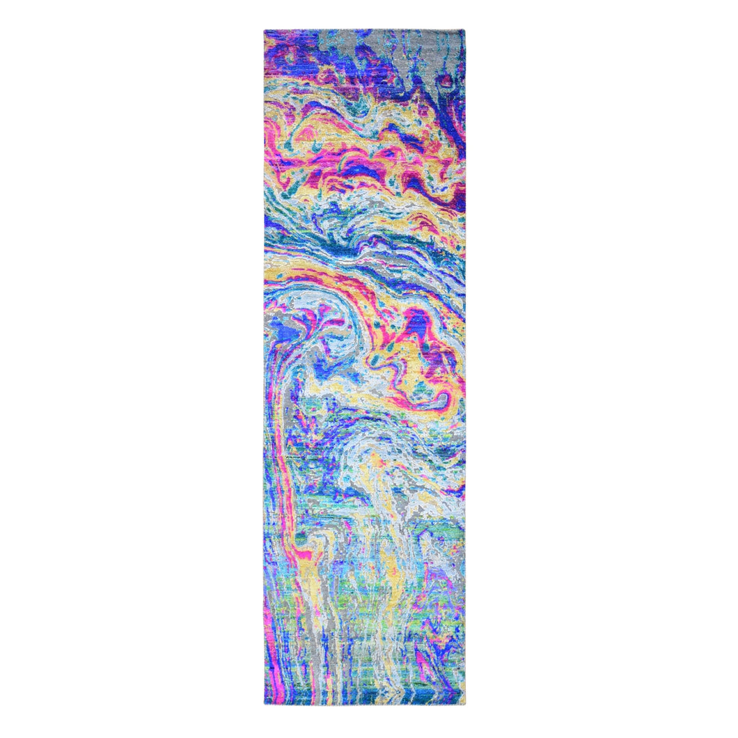 3'x10' Colorful Sari Silk with Textured Wool The Lava Design Wide Runner Hand Knotted Oriental Rug FWR357012