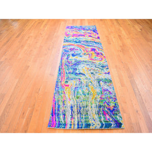 3'x10' Colorful Sari Silk with Textured Wool The Lava Design Wide Runner Hand Knotted Oriental Rug FWR357012