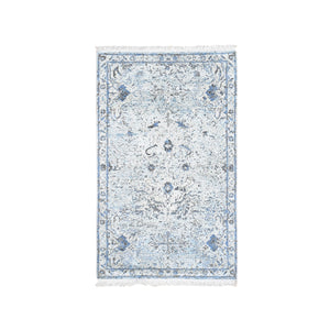 3'x5' Ivory Distressed Oushak Pure Silk with Textured Wool Hand Knotted Oriental Rug FWR357030