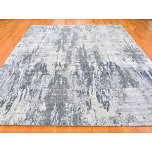 9'x12' Ivory Wool with Real Silk Abstract Design Denser Weave Hi-Low Pile Hand Knotted Oriental Rug FWR357108