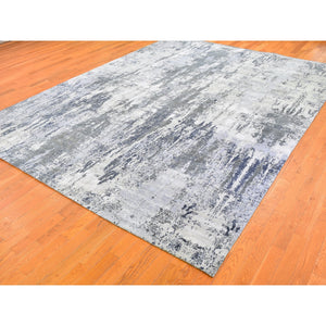 9'x12' Ivory Wool with Real Silk Abstract Design Denser Weave Hi-Low Pile Hand Knotted Oriental Rug FWR357108