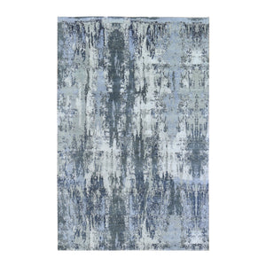 6'x9'3" Ivory Abstract Design Denser Weave Wool with Real Silk Hi-Low Pile Hand Knotted Oriental Rug FWR357114