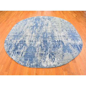 8'1"x10'1" Blue Abstract Design Wool and Real Silk Oval Hand Knotted Oriental Rug FWR357126