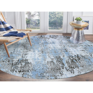 8'1"x8'1" Baby Blue Wool with Real Silk Abstract Design Denser Weave Hi-Low Pile Hand Knotted Round Oriental Rug FWR357138