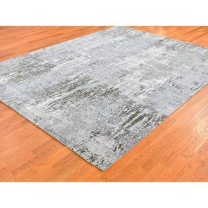 8'x10'2" Ivory Wool with Real Silk Abstract Design Denser Weave Hi-Low Pile Hand Knotted Oriental Rug FWR357144
