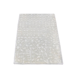 2'x3'4" Ivory Hand Knotted Pure Silk with Textured Wool Tone on Tone Oriental Rug FWR357216