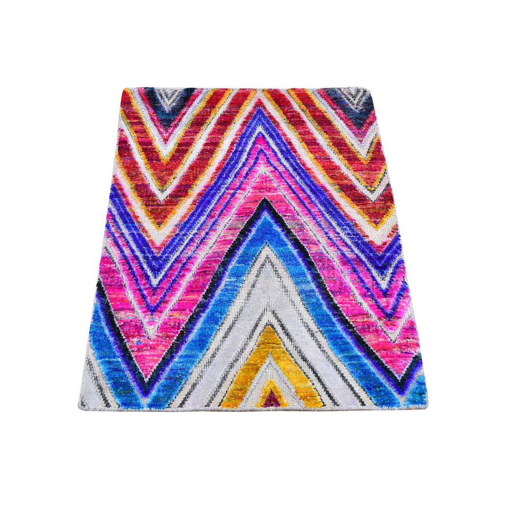 2'x3' Colorful Hand Knotted Chevron Design Sari Silk with Textured Wool Oriental Rug FWR357300