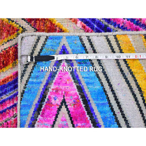 2'x3' Colorful Hand Knotted Chevron Design Sari Silk with Textured Wool Oriental Rug FWR357300