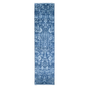 2'6"x10'2" Tone on Tone Oceanic Colors Runner Wool and Silk Hand Knotted Oriental Rug FWR357354