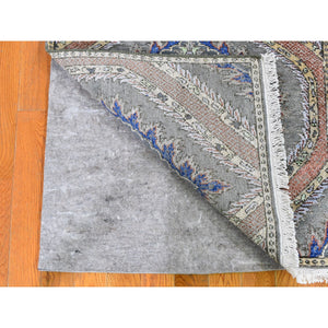 2'6"x10' Gray Real Silk with Textured Wool Mughal Design Hand Knotted Runner Oriental Rug FWR357420