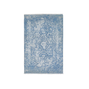 3'x5' Blue Broken Persian Design Wool and Pure Silk Hand Knotted Oriental Rug FWR357456
