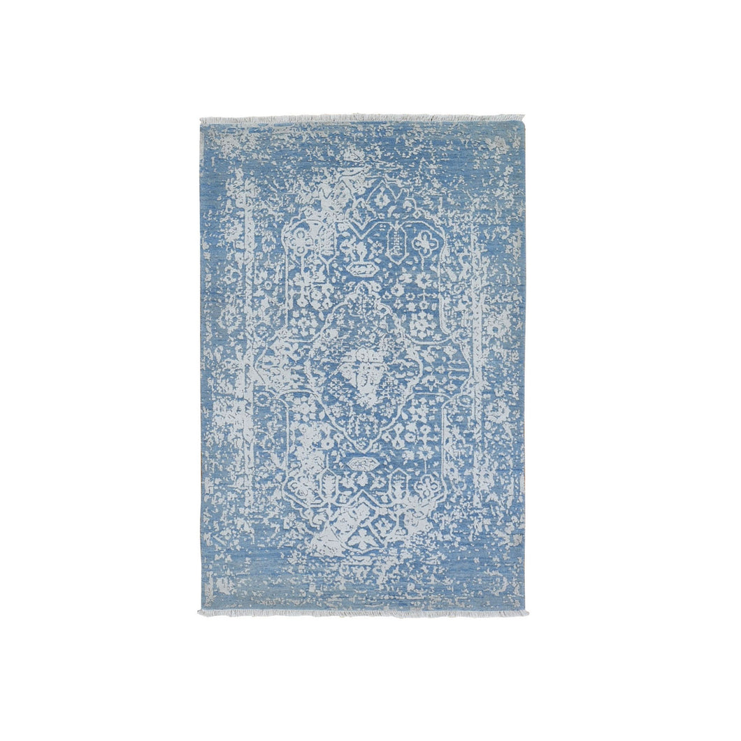 3'x5' Blue Broken Persian Design Wool and Pure Silk Hand Knotted Oriental Rug FWR357456