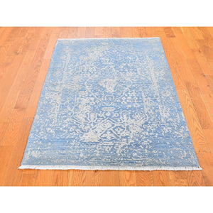 3'x5' Blue Broken Persian Design Wool and Pure Silk Hand Knotted Oriental Rug FWR357456