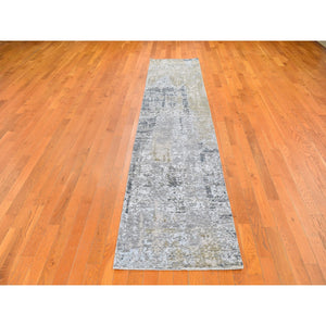 2'5"x12'1" Gray Abstract Design Wool and Silk Hi-Low Pile Denser Weave Hand Knotted Oriental Rug FWR357702