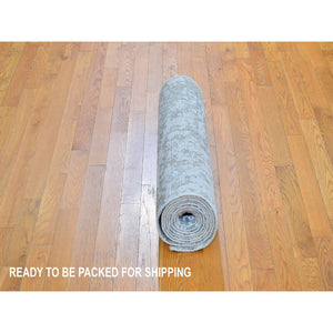 2'5"x12'1" Gray Abstract Design Wool and Silk Hi-Low Pile Denser Weave Hand Knotted Oriental Rug FWR357702