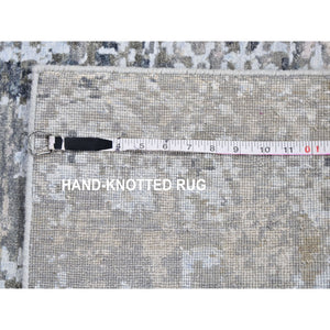 2'5"x12'1" Gray Abstract Design Wool and Silk Hi-Low Pile Denser Weave Hand Knotted Oriental Rug FWR357702