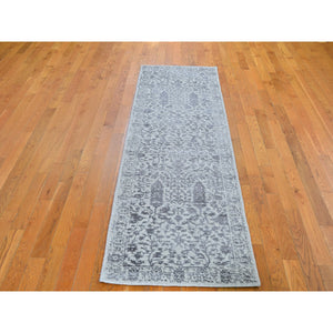 2'5"x8' Gray Jacquard Hand Loomed Broken Cypress Tree Design Wool and Silk Thick and Plush Runner Oriental Rug FWR357720