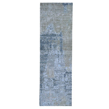Load image into Gallery viewer, 2&#39;6&quot;x12&#39;3&quot; Silver Blue Abstract Design Wool and Silk Hi-Low Pile Dense Weave Hand Knotted Oriental Rug FWR357738