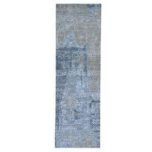 2'6"x12'3" Silver Blue Abstract Design Wool and Silk Hi-Low Pile Dense Weave Hand Knotted Oriental Rug FWR357738