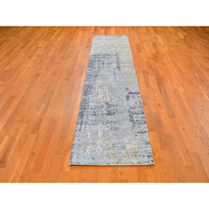 2'6"x12'3" Silver Blue Abstract Design Wool and Silk Hi-Low Pile Dense Weave Hand Knotted Oriental Rug FWR357738