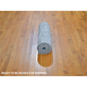 2'6"x12'3" Silver Blue Abstract Design Wool and Silk Hi-Low Pile Dense Weave Hand Knotted Oriental Rug FWR357738