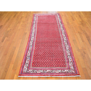 3'8"x9'9" Red New Persian Sarouk Mir Pure Wool Wide Runner Hand Knotted Oriental Rug FWR357996