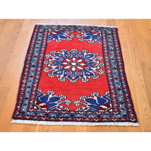 2'8"x4' New Persian Hamadan Open Field Red Pure Wool Hand Knotted Oriental Rug FWR358026