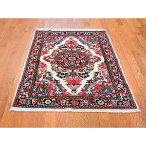 3'3"x5'2" Ivory New Persian Kazvin Thick and Plush Pure Wool Hand Knotted Oriental Rug FWR358044