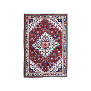 3'6"x5'3" Red New Persian Hamadan Small Flower Medallion Pure Wool Hand Knotted Oriental Rug FWR358068