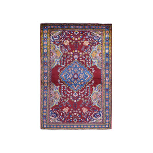 3'8"x5'10" Vintage Colorful Persian Hamadan Natural Wool Hand Knotted Oriental Rug FWR358080