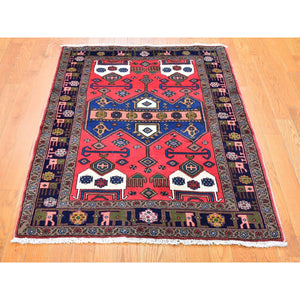 3'4"x4'10" Red New Persian Afshar with Animal Figurines Border, Organic Wool Hand Knotted Oriental Rug FWR358146