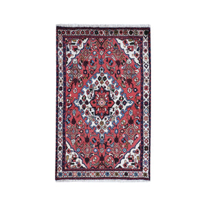 3'4"x5'3" Red Natural Wool New Persian Hamadan Flower Medallion Tribal Weaving Hand Knotted Oriental Rug FWR358152