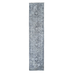 2'5"x12' Gray Persian Design Runner Wool and Silk Hand Knotted Oriental Rug FWR358236