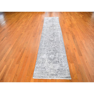 2'5"x12' Gray Persian Design Runner Wool and Silk Hand Knotted Oriental Rug FWR358236