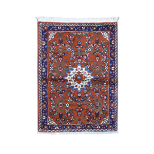 3'3"x4'5" New Persian Hamadan Orange Hand Knotted Natural Wool Oriental Rug FWR358254