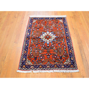 3'3"x4'5" New Persian Hamadan Orange Hand Knotted Natural Wool Oriental Rug FWR358254