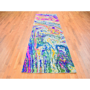 3'10"x11'9" Colorful Sari Silk with Textured Wool The Lava Design Wide Runner Hand Knotted Oriental Rug FWR358386