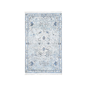 3'x5'2" Blue Pure Silk with Textured Wool Distressed Oushak Hand Knotted Oriental Rug FWR358446