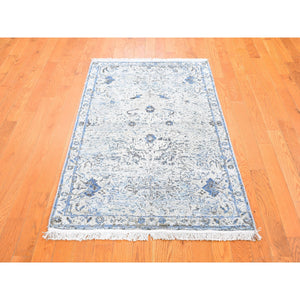 3'x5'2" Blue Pure Silk with Textured Wool Distressed Oushak Hand Knotted Oriental Rug FWR358446