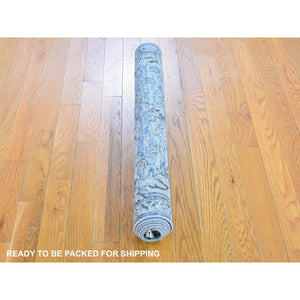 3'x5'2" Blue Pure Silk with Textured Wool Distressed Oushak Hand Knotted Oriental Rug FWR358446
