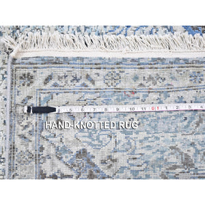 3'x5'2" Blue Pure Silk with Textured Wool Distressed Oushak Hand Knotted Oriental Rug FWR358446