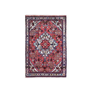 3'6"x5'4" Red New Persian Hamadan with Large Flower Medallion Pure Wool Hand Knotted Oriental Rug FWR358968