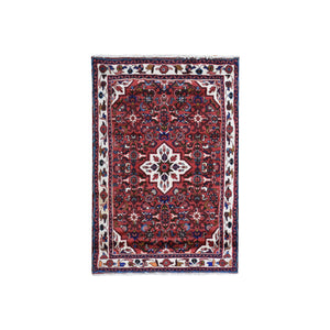 3'6"x5'1" Red Natural Wool New Persian Hamadan Flower Medallion Design Hand Knotted Oriental Rug FWR359088