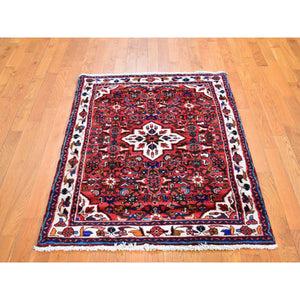 3'6"x5'1" Red Natural Wool New Persian Hamadan Flower Medallion Design Hand Knotted Oriental Rug FWR359088