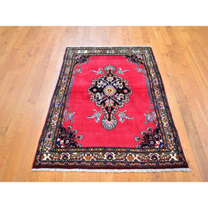 3'4"x5'6" New Persian Sarouk Open Filed Medallion Pinkish Red Hand Knotted Organic Wool Oriental Rug FWR359154