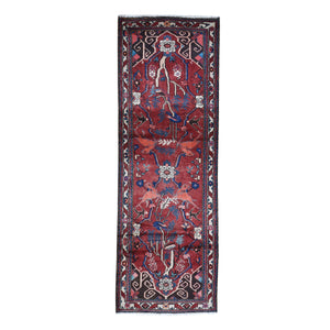 3'5"x9'7" Red Natural Wool New Persian Bakhtiar with Deer Figurines Hand Knotted Runner Oriental Rug FWR359160