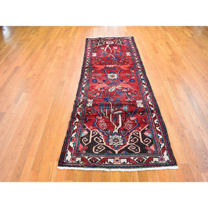 3'5"x9'7" Red Natural Wool New Persian Bakhtiar with Deer Figurines Hand Knotted Runner Oriental Rug FWR359160