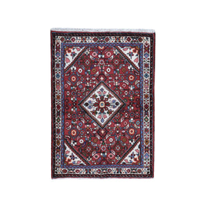 3'7"x5'1" Red New Persian Hamadan with Geometric Design Pure Wool Hand Knotted Oriental Rug FWR359280