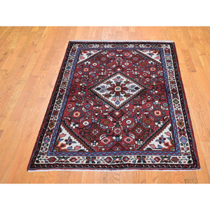 3'7"x5'1" Red New Persian Hamadan with Geometric Design Pure Wool Hand Knotted Oriental Rug FWR359280